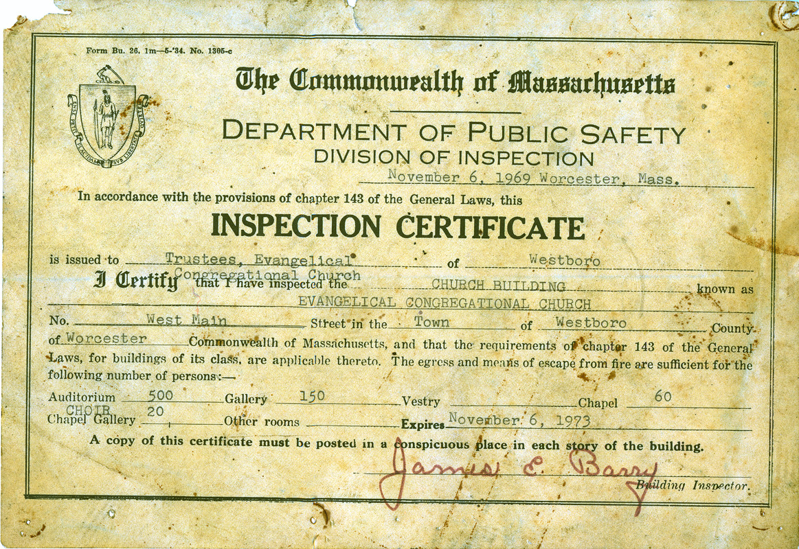 Inspection certificate for the Evangelical Congregational Church