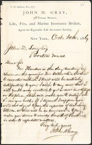 Letter from John H. Gray to John D. Long, October 30, 1869