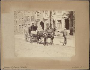 Man standing on sidewalk beside horse-drawn carriage, Boston