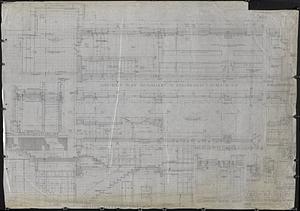 Three-quarter inch scale plans and sections of corridor and gallery showing gallery stairs and heat unit