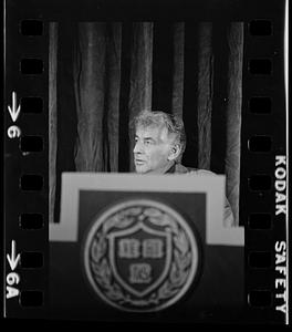 Leonard Bernstein rehearses a speech at Harvard's Sanders Theatre, Cambridge