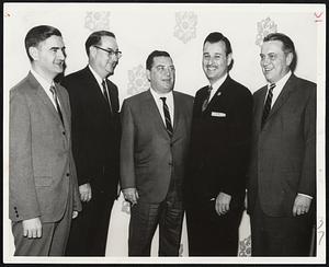 Benjamin Franklin Quality Dealer Award of Saturday Evening Post went to Herbert A. Abramson, second from right, president of Silver Lake Motors, Newton Dodge dealership. At reception honoring him are, from left: John J. Riccardo, Dodge Division general sales manager; Virgil Boyd, president of Chrysler Corp.; Francis J. Sawyer, president of General Rental Corp.; Abramson, and Byron J. Nichols, Dodge general manager.