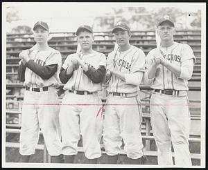 Leading Hitters on Eagle and Purple nines who continued their batting brilliance as the two teams played the second game of their annual three-game set at Alumni Field, yesterday. Left to right, Shortstop Joe Morgan (one hit, three walks) and Second Baseman Len Ceglarski (two hits), of Boston College, and Second Baseman Johnny Tuco (three hits) and Outfielder Ralph Gebhardt (two hits), of Holy Cross. The Purple won, 7-5.