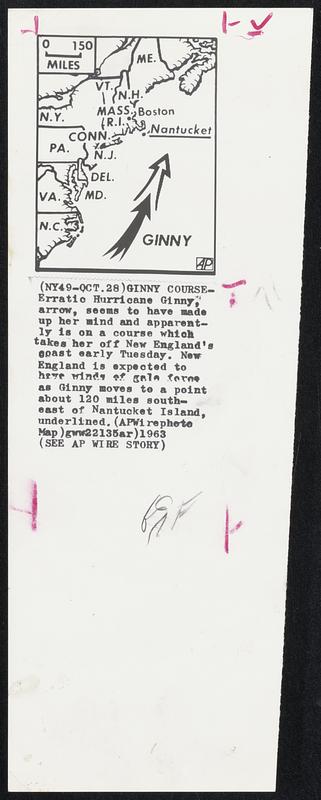 Ginny Course-Erratio Hurricane Ginny, arrow, seems to have made up her mind and apparently is on a course which takes her off New England's coast early Tuesday. New England is expected to have winds of gale force as Ginny moves to a point about 120 miles south-east of Nantucket Island, underlined.