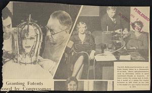 Top left, Hollywood invention to calibrate beauty down to a thousandth of an inch. Above, sphygmonometer used to determine which is more emotional - blonde or brunette. At lower center the young lady is holding a model of a pump fire engine invented in 1881 while at her side is the model of a gas engine invented in 1877.