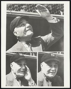 Yankee Boss Takes Charge For a Day With nothing to worry him but Joe Di Maggio's salary demands, now that Lou Gehrig is in camp, Col. Jake Ruppert, the Yankee's big boss and paymaster, gives in to that spring baseball fever, smiling as he watches his charges work out at St. Petersburg, Fla. At the top, he seems to be enjoying the sensation of seeing a high one soar out. Below at the left he shouts for the boys to get in there and pitch. At the right he surveys the situation with a critical eye and half-smile, perhaps wondering if things will look as rosy in September as they do in March.