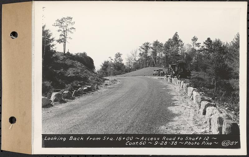 Contract No. 60, Access Roads to Shaft 12, Quabbin Aqueduct, Hardwick and Greenwich, looking back from Sta. 16+00, Greenwich and Hardwick, Mass., Sep. 28, 1938