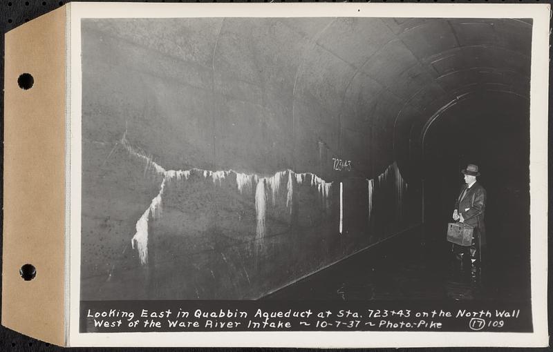 Contract No. 17, West Portion, Wachusett-Coldbrook Tunnel, Rutland, Oakham, Barre, looking east in Quabbin Aqueduct at Sta. 723+43 on the north wall, west of the Ware River Intake, Barre, Mass., Oct. 7, 1937