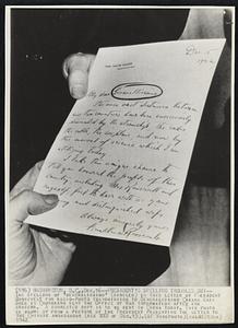 President's Spelling Troubles Owi--The spelling of "generalissimo" (circled) in this letter by President Roosevelt for radio-photo transmission to Generalissimo Chiang Kai-Shek in Chungking sent the Office of War Information after ink erasers. A corrected copy is to be sent to China today. This photo is blown up from a picture of the President presenting the letter to the Chinese ambassador.