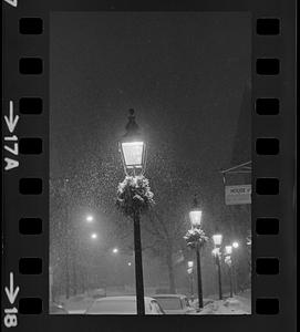 UU Church candle light, snow & street lamps