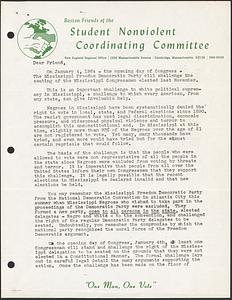 Letter from the Boston Friends of the Student Nonviolent Coordinating Committee about the Mississippi Freedom Democratic Party challenging the Congressmen-elect from Mississippi