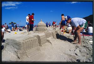 Ipswich, MA (circa 1982): Sand sculptures being made on Crane Beach