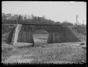 Wachusett Reservoir, Worcester, Nashua & Portland Railroad bridge over Stillwater River after rebuilding, Oakdale, West Boylston, Mass., Oct. 17, 1904
