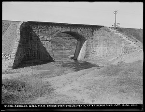 Wachusett Reservoir, Worcester, Nashua & Portland Railroad bridge over Stillwater River after rebuilding, Oakdale, West Boylston, Mass., Oct. 17, 1904