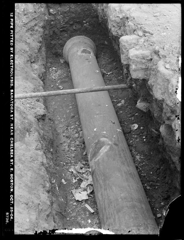 Electrolysis, Boston Water Works, Saratoga Street near Chelsea Street, 12-inch pipe pitted by electrolysis, East Boston, Mass., Oct. 25, 1904