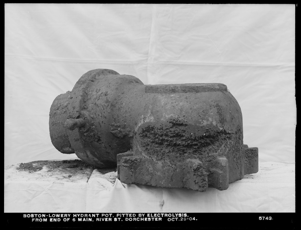 Electrolysis, Boston Water Works, Boston-Lowery hydrant pot, from end of 6-inch main River Street, showing electrolytic pittings, Dorchester, Mass., Oct. 29, 1904