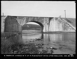 Wachusett Reservoir, Worcester, Nashua & Portland Railroad bridge over Quinapoxet River after rebuilding, Oakdale, West Boylston, Mass., Nov. 23, 1904
