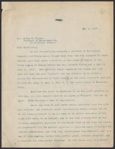 Sacco-Vanzetti Case Records, 1920-1928. Defense Papers. Letter to Gov. Fuller from W.G. Thompson and H.B. Ehrmann, May 4, 1927. Box 20, Folder 6, Harvard Law School Library, Historical & Special Collections