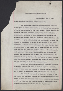 Sacco-Vanzetti Case Records, 1920-1928. Defense Papers. Letter to Governor Fuller and Goveronor's Council from Sacco and Vanzetti (incomplete), May 3, 1927. Box 20, Folder 8, Harvard Law School Library, Historical & Special Collections