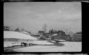 Snowy landscape with houses and stream