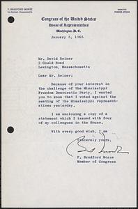 Letter from Congressman F. Bradford Morse notifying of his vote against seating of Mississippi representatives