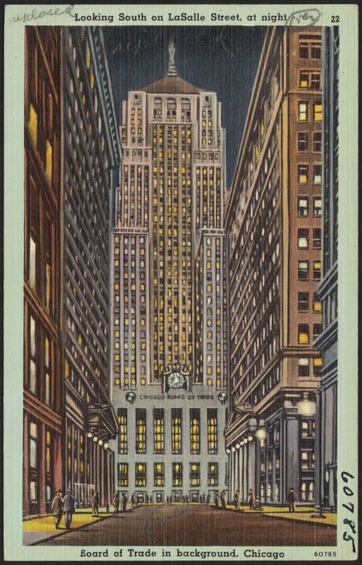Looking south on LaSalle Street, at night. Board of Trade in background, Chicago