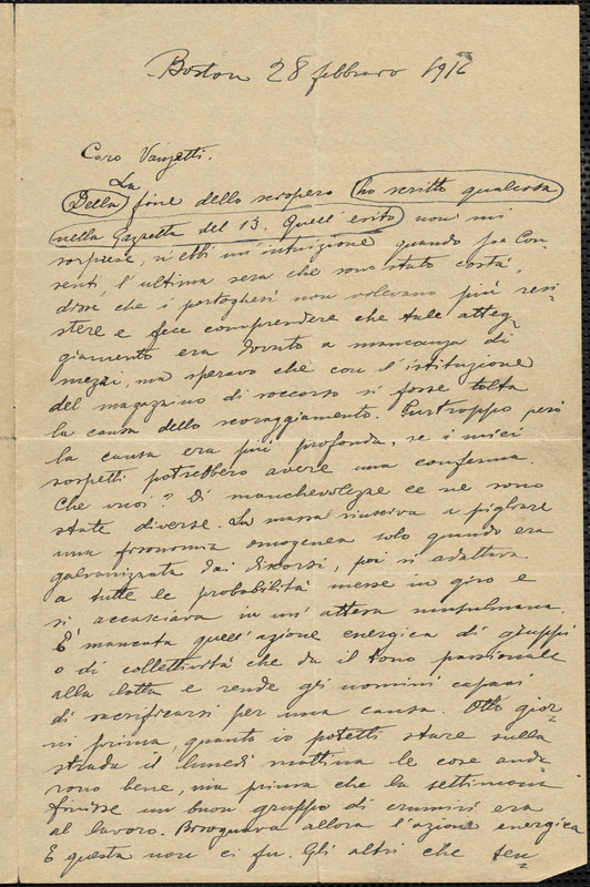 Felice Guadagni autographed letter signed to Bartolomeo Vanzetti, Boston, 28 February 1916