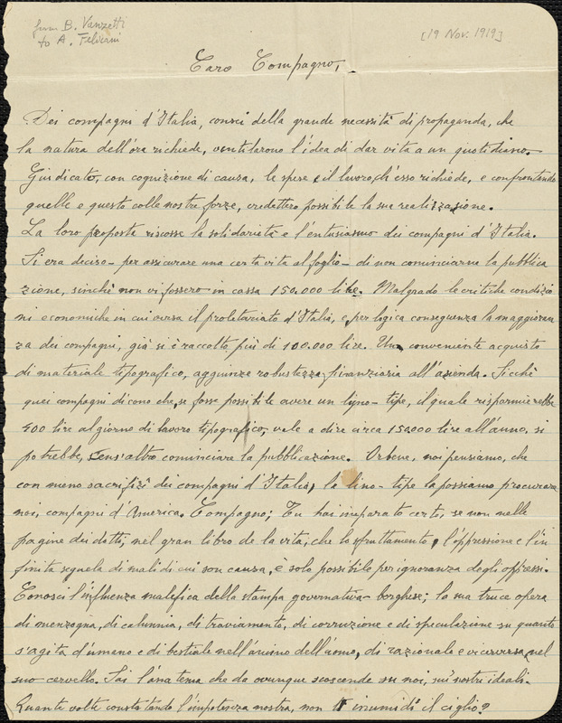 Bartolomeo Vanzetti autographed letter to [Aldino Felicani], [Plymouth], 19 November 1919