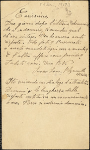 Bartolomeo Vanzetti autographed note signed (initials) to Aldino Felicani, [Plymouth], 2 December 1919