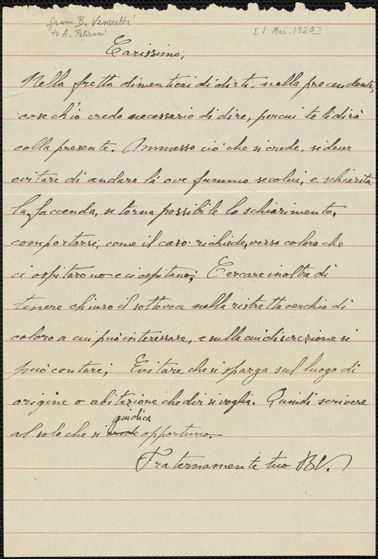 Bartolomeo Vanzetti autographed letter signed (initials) to [Aldino Felicani], Plymouth, 1 March 1920