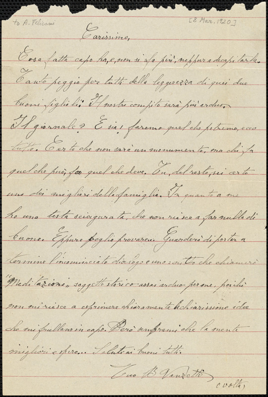 Bartolomeo Vanzetti autographed letter signed (initials) to [Aldino Felicani], Plymouth, 8 March 1920
