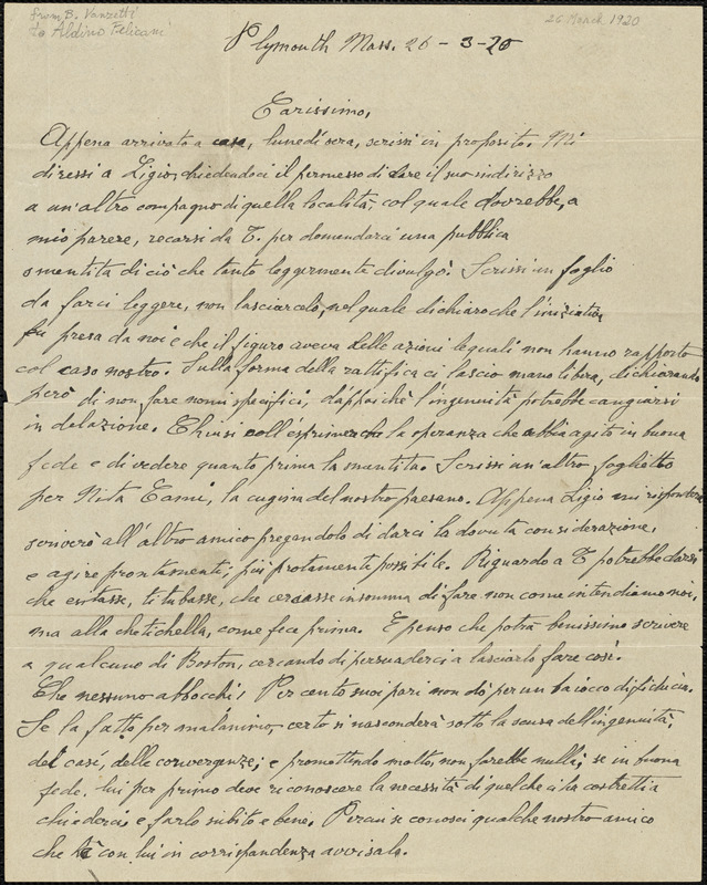 Bartolomeo Vanzetti autographed letter signed to [Aldino Felicani], Plymouth, 26 March 1920