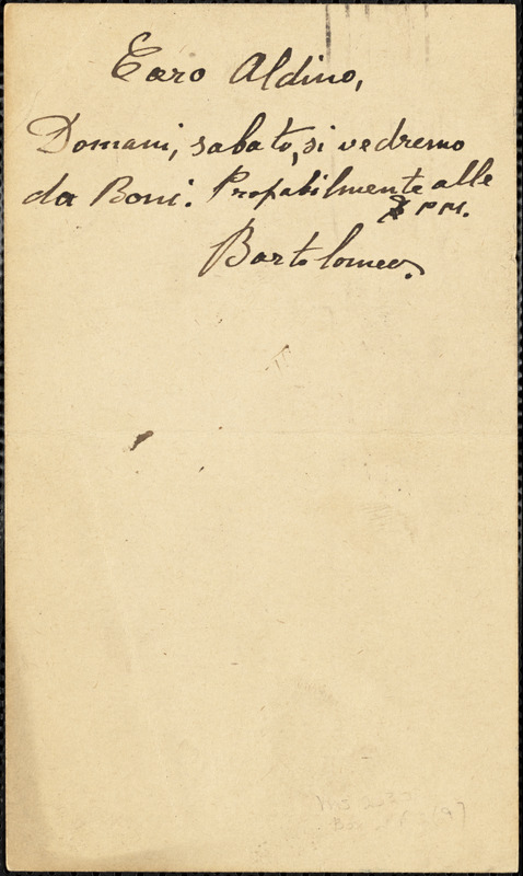 Bartolomeo Vanzetti autographed note (postcard) signed to Aldino Felicani, [Boston, 23 April 1920]
