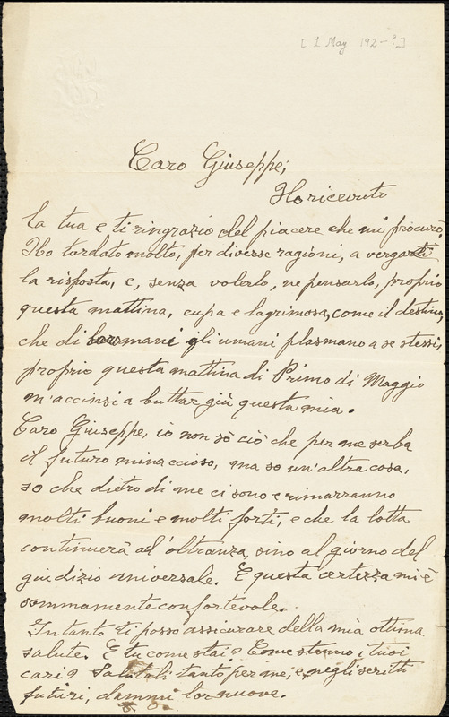 Bartolomeo Vanzetti autographed letter signed to Giuseppe (Joseph) Moro, [Charlestown?, 1 May 192-?]