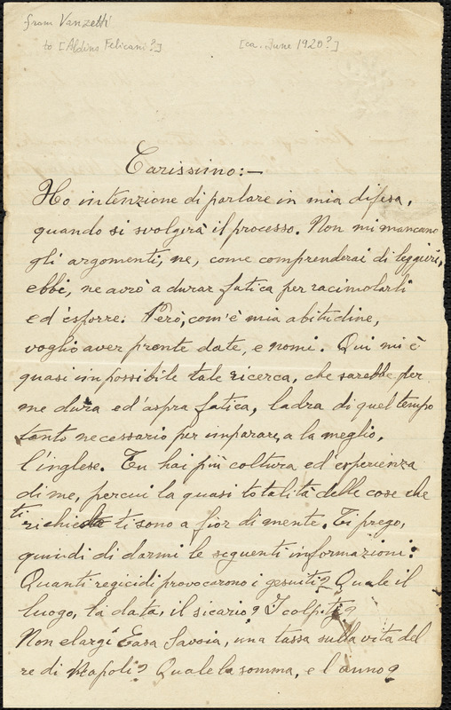 Bartolomeo Vanzetti autographed letter signed to [Aldino Felicani?], [Charlestown?, ca. June 1920?]