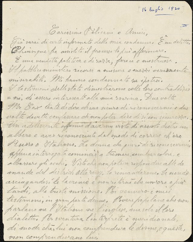Bartolomeo Vanzetti autographed letter signed to Aldino Felicani and friends, [Plymouth, 16 July 1920]