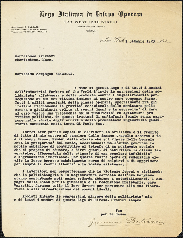 Giovanni Baldazzi typed letter signed to Bartolomeo Vanzetti, New York, 1 October 1920
