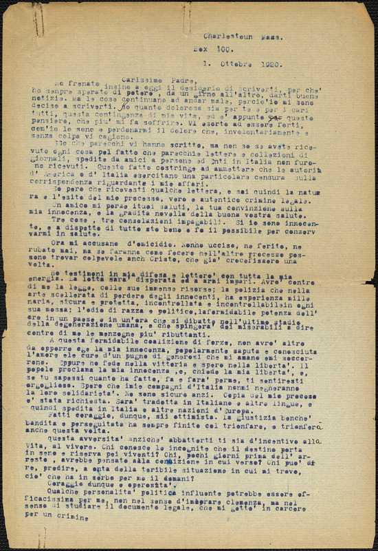 Bartolomeo Vanzetti typed letter (copy) to Giovanni Battista Vanzetti, Charlestown, 1 October 1920