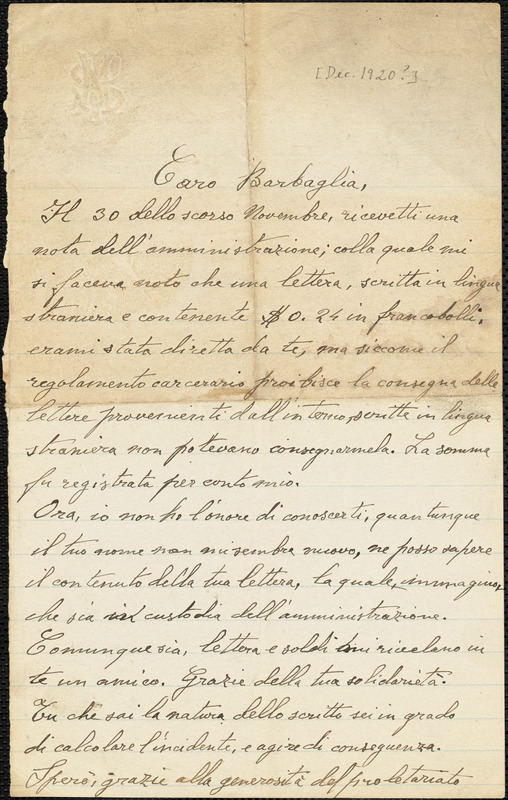 Bartolomeo Vanzetti autographed letter signed to [John?] Barbaglia, [Charlestown?, December 1920?]