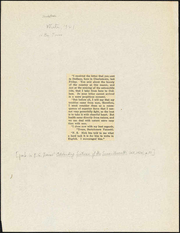 Bartolomeo Vanzetti printed letter to [Elizabeth Glendower Evans], [Charlestown], Winter 1921