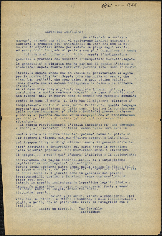 Bartolomeo Vanzetti typed letter (copy) to Luigia Vanzetti, [Charlestown, 1921?]