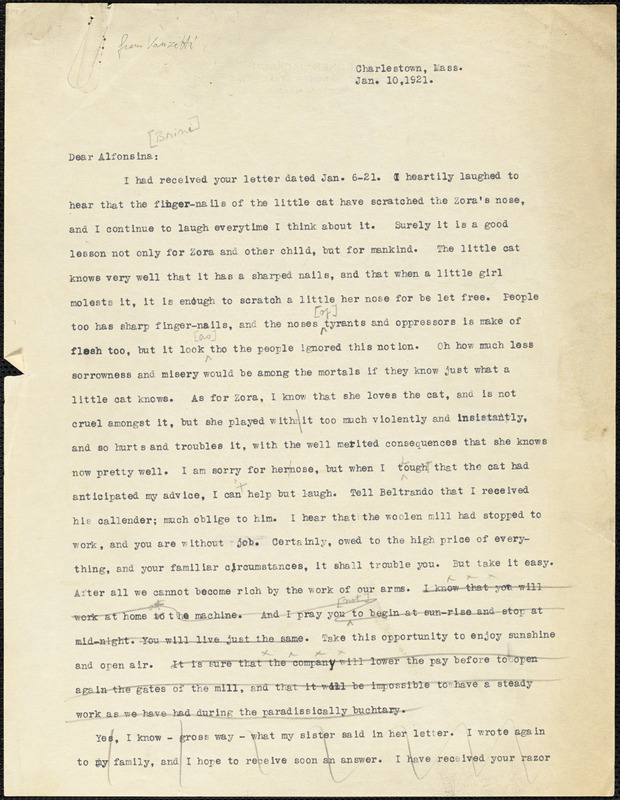 Bartolomeo Vanzetti typed letter (copy) to Alfonsina Brini, Charlestown, 10 January 1921