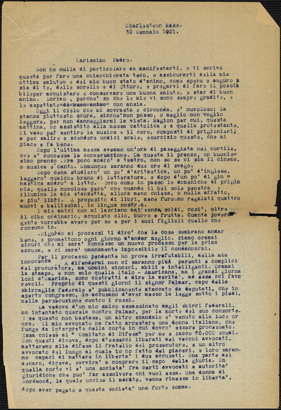Bartolomeo Vanzetti typed letter (copy) to Giovanni Battista Vanzetti, Charlestown, 30 January 1921