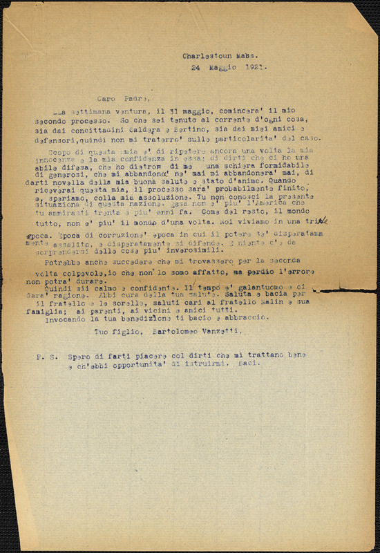 Bartolomeo Vanzetti typed letter (copy) to Giovanni Battista Vanzetti, Charlestown, 24 May 1921