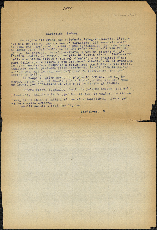 Bartolomeo Vanzetti typed letter (copy) to Giovanni Battista Vanzetti, Charlestown, ca. June 1921