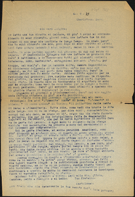 Bartolomeo Vanzetti typed letter (copy) to Luigia Vanzetti, Charlestown, 4 September 1921