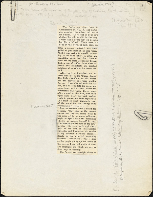Bartolomeo Vanzetti printed letter to [Elizabeth Glendower Evans], [Charlestown], ca. November 1921
