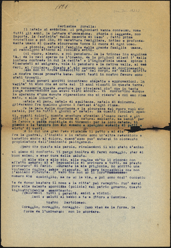 Bartolomeo Vanzetti typed letter (copy) to Luigia Vanzetti, [Charlestown, ca. December 1921]