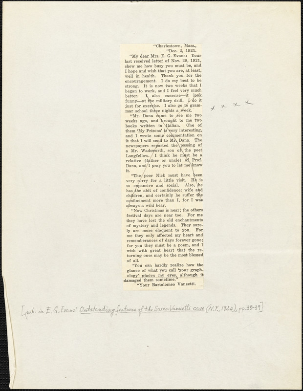 Bartolomeo Vanzetti printed letter to Elizabeth Glendower Evans, Charlestown, 2 December 1921