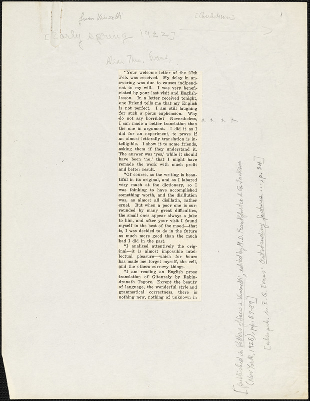 Bartolomeo Vanzetti printed letter to [Elizabeth Glendower Evans], [Charlestown], early Spring, 1922
